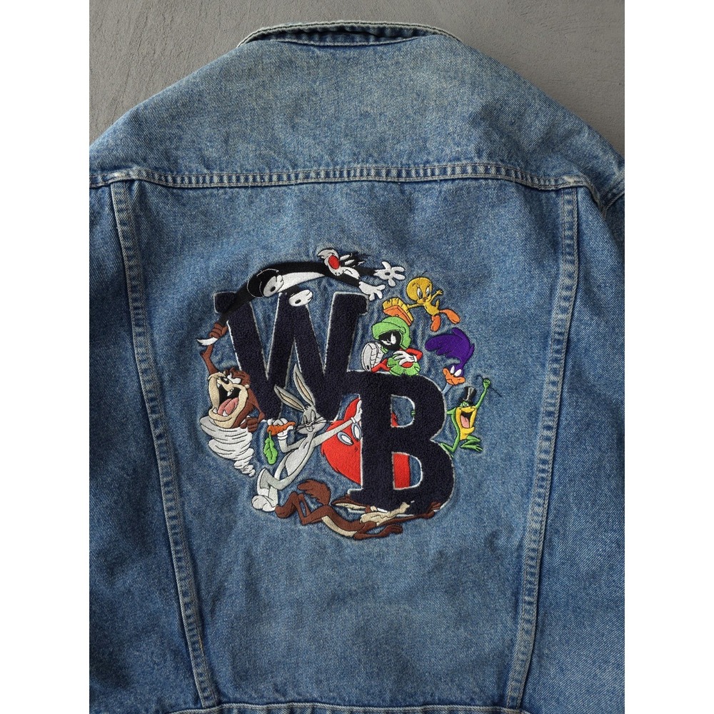 Vintage 90s Warner Bros. Looney Tunes Taz Bugs Bunny Denim Jean Jacket S - Picture 3 of 11